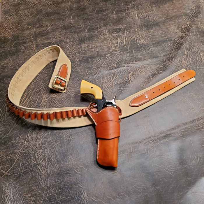 John Wayne Style Single Action Holster Rig with Suede Belt and 45 Cal Loops