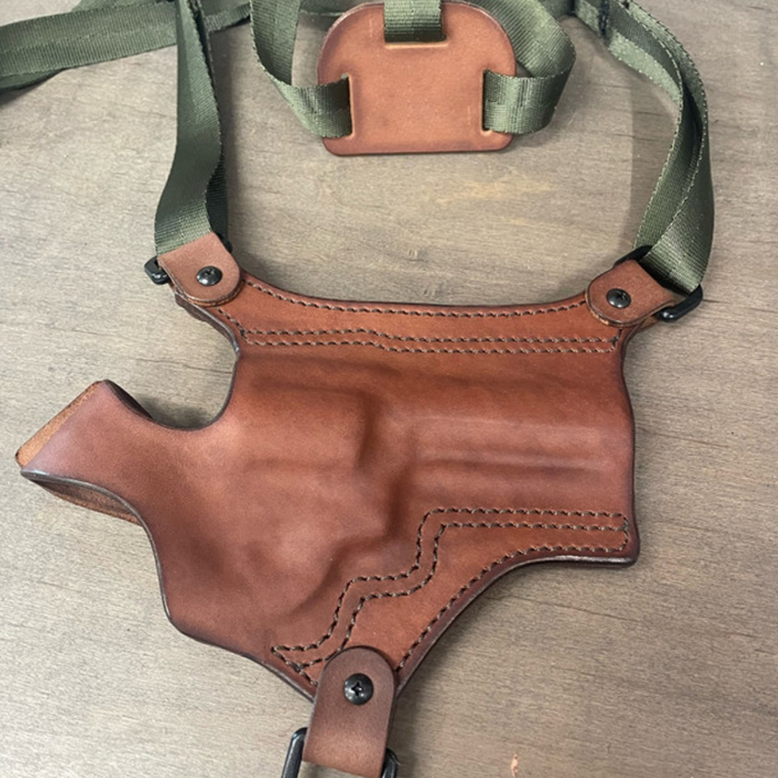 Brown Leather Revolver Chest Holster with Thumb Break Retention