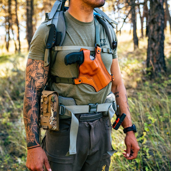 Brown Leather Revolver Chest Holster with Thumb Break Retention