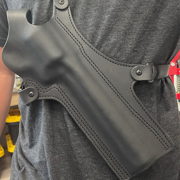 Black Leather Revolver Chest Holster with Thumb Break Retention