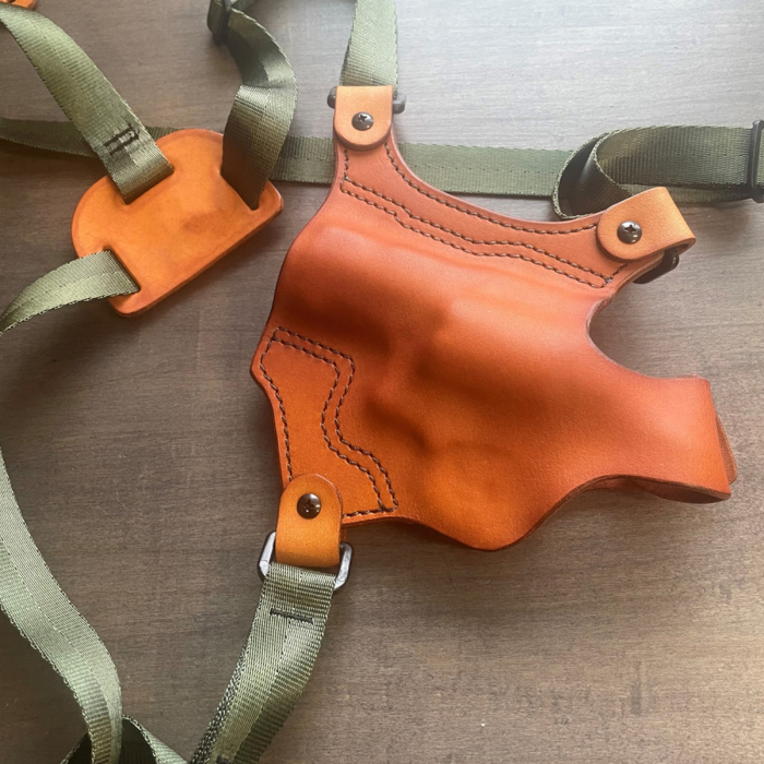 Brown Leather Revolver Chest Holster with Thumb Break Retention