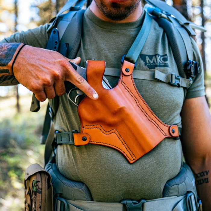 Brown Leather Revolver Chest Holster with Thumb Break Retention