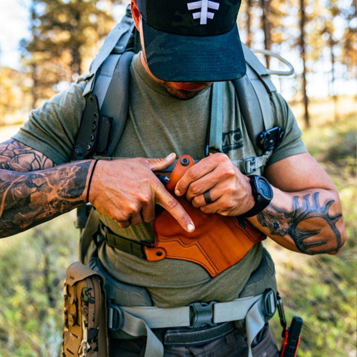 Brown Leather Revolver Chest Holster with Thumb Break Retention