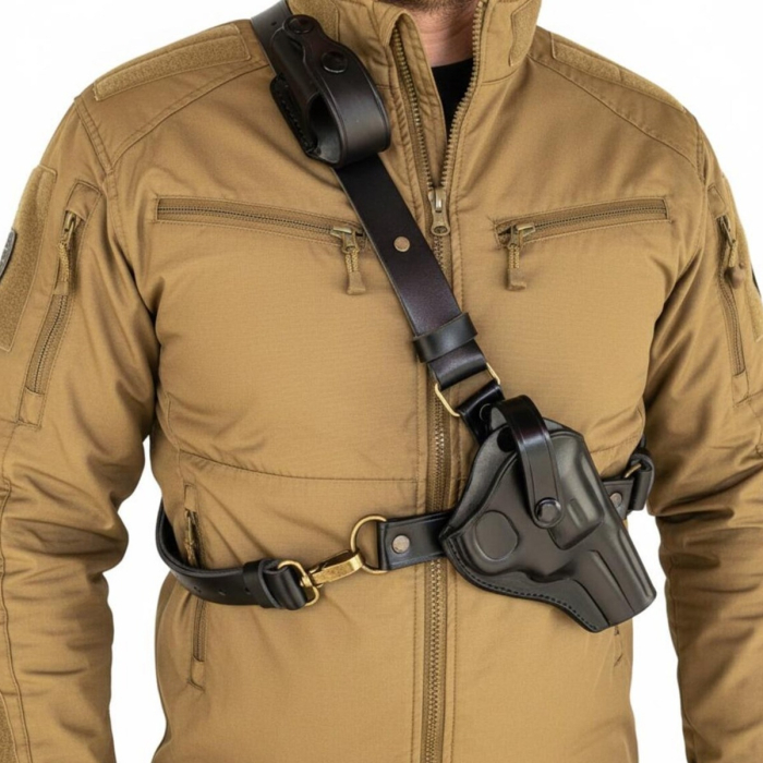 Black Leather Chest Holster With Tactical Mag Pouch