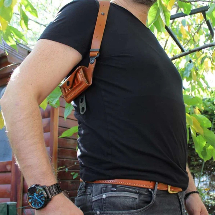 Brown Leather Horizontal Shoulder Holster With Bullet Carrier