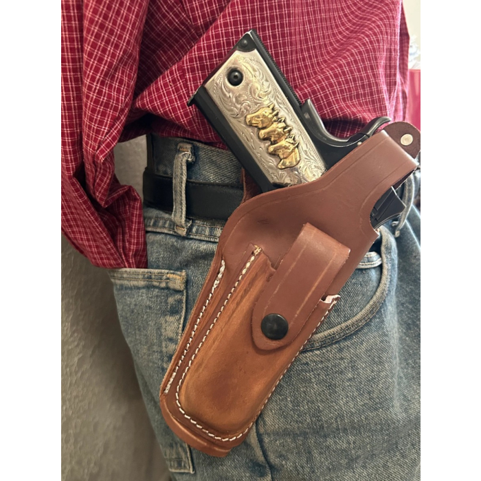 Brown Leather Thumb Break OWB Holster with Magazine Pouch