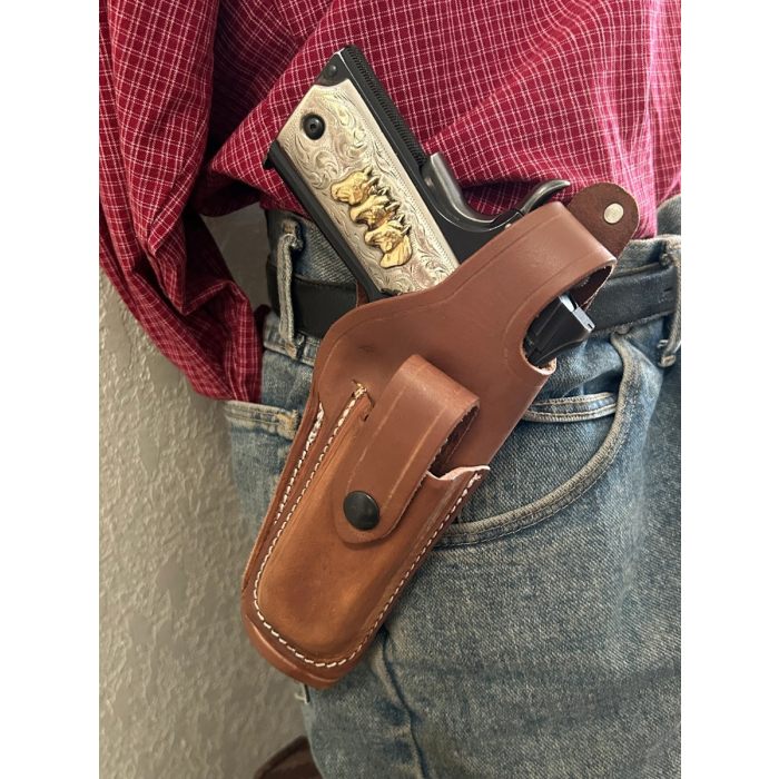 Brown Leather Thumb Break OWB Holster with Magazine Pouch