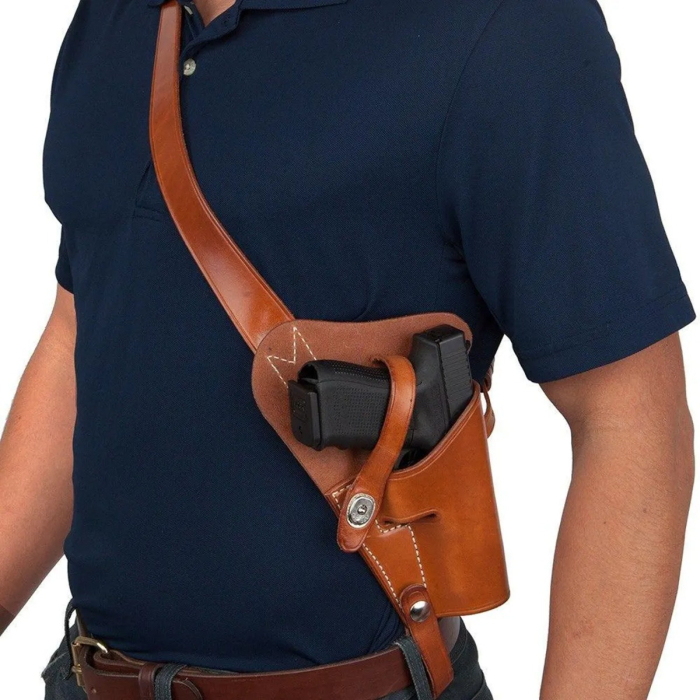 Leather Vertical Roto Shoulder Holster With Double Magazine Pouch