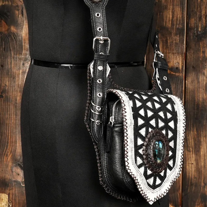 Leather Holster Bag – Burning Man Style Leather Belt with Pocket Holster & Labradorite Gemstone