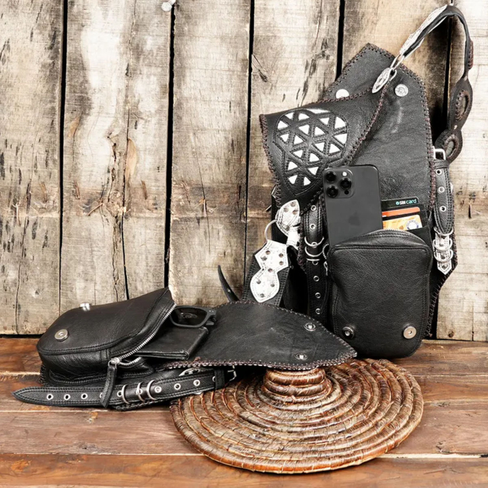 Leather Holster Bag – Burning Man Style Leather Belt with Pocket Holster & Labradorite Gemstone