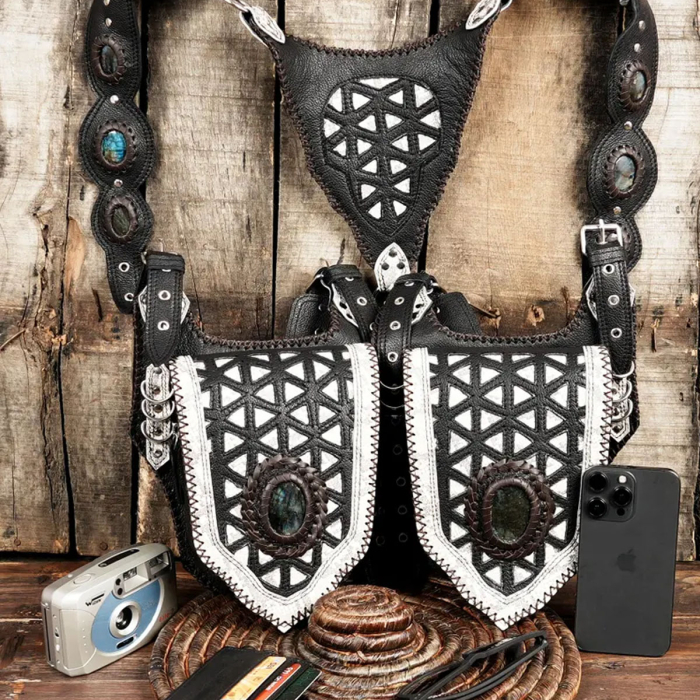 Leather Holster Bag – Burning Man Style Leather Belt with Pocket Holster & Labradorite Gemstone