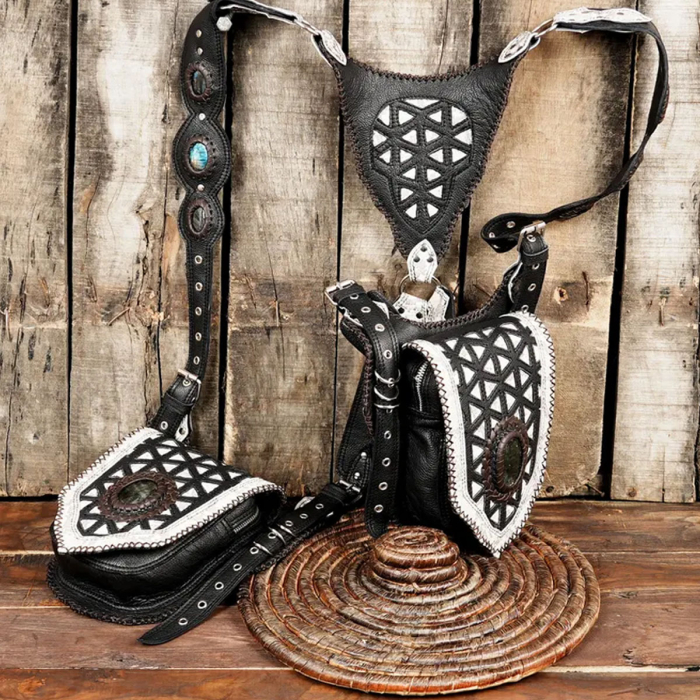 Leather Holster Bag – Burning Man Style Leather Belt with Pocket Holster & Labradorite Gemstone