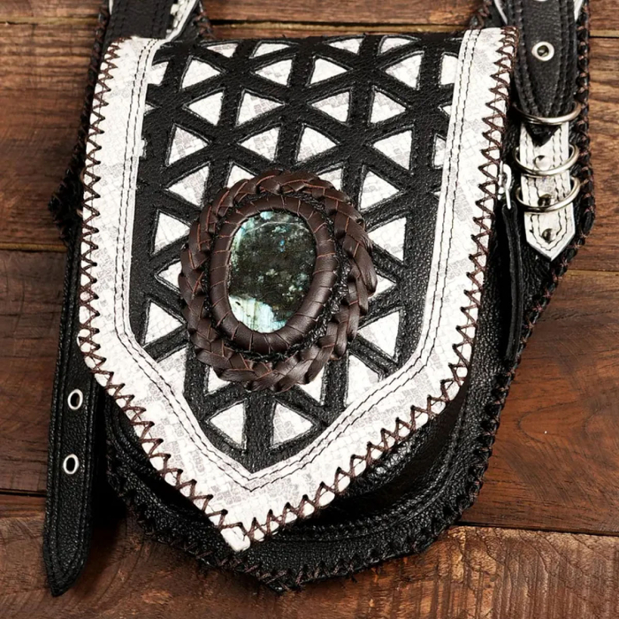 Leather Holster Bag – Burning Man Style Leather Belt with Pocket Holster & Labradorite Gemstone