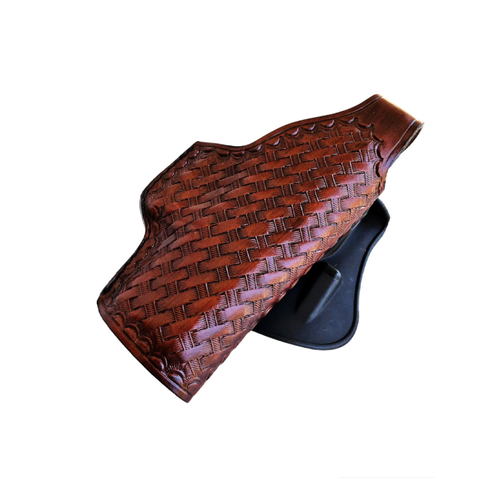 Leather Paddle Holster Fits Glock 17, 19, 21, 26, 27, 30, 43, 43X – Thumb Break – Genuine Brown Leather