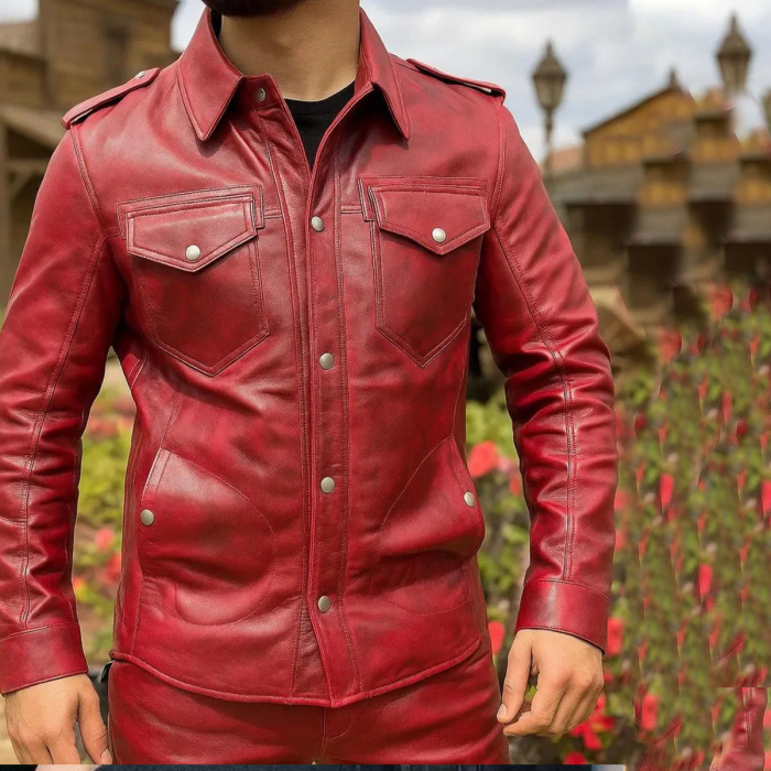 Men’s Red Distressed Biker Leather Shirt