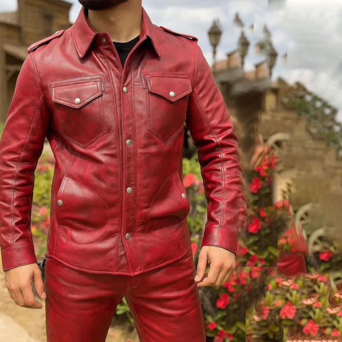 Men’s Red Distressed Biker Leather Shirt