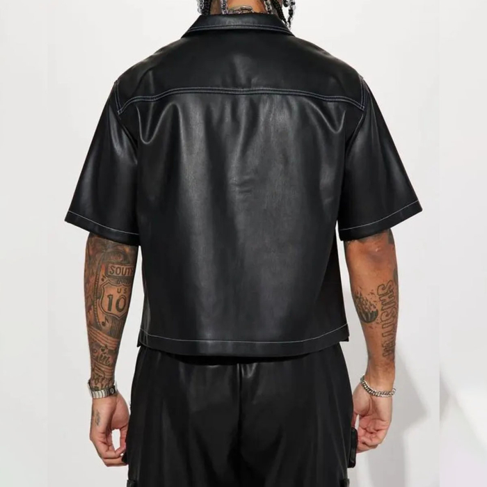 Men’s Black Faux Leather Pocket Shirt