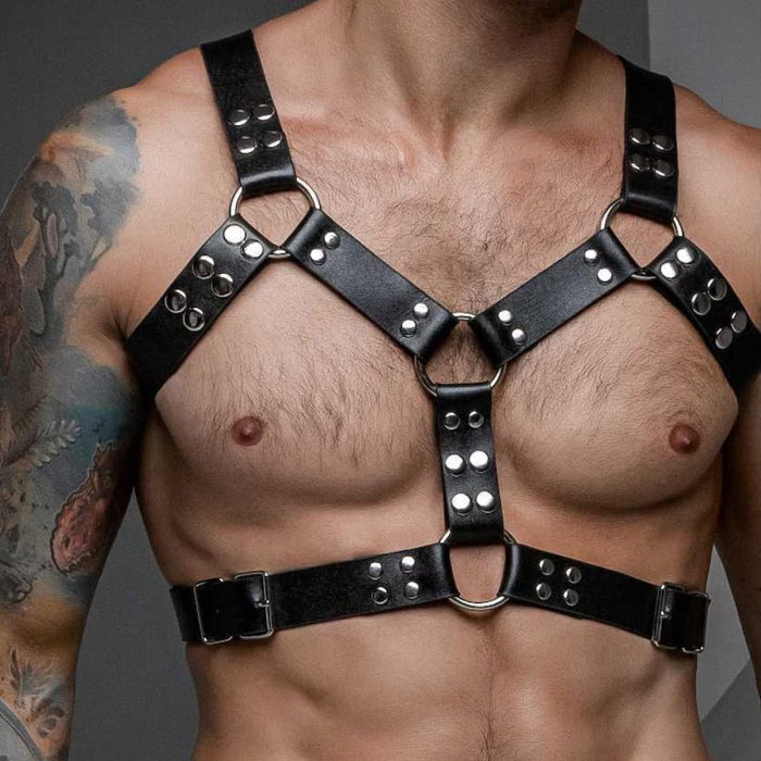 Men’s Black Leather Chest Harness – Adjustable Genuine Leather Strap for Bold Style