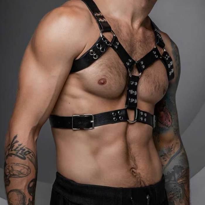 Men’s Black Leather Chest Harness – Adjustable Genuine Leather Strap for Bold Style