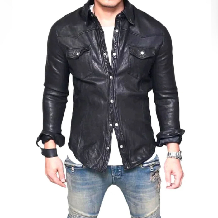  Men’s Black Lambskin Leather Shirt