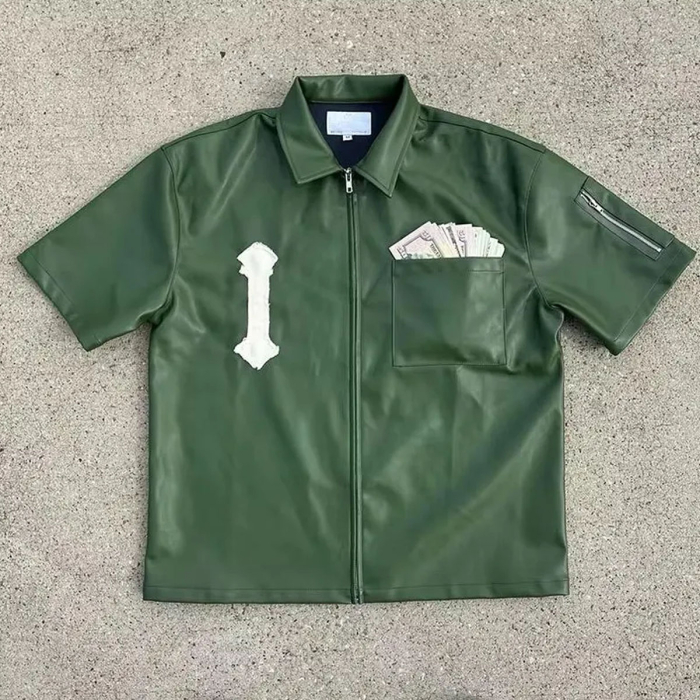 Men’s PU Leather Zip‑Up T‑Shirt