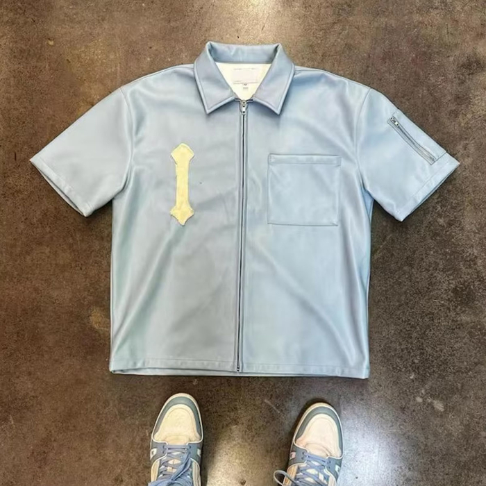 Men’s PU Leather Zip‑Up T‑Shirt