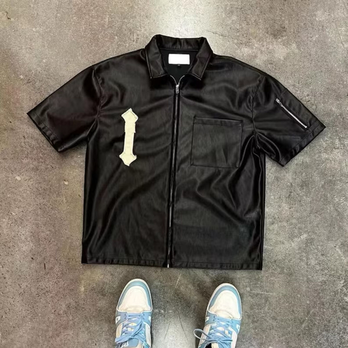 Men’s PU Leather Zip‑Up T‑Shirt