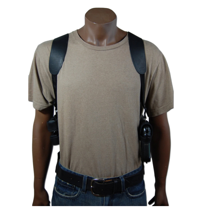 Black Leather Horizontal Shoulder Holster – Double Mag Pouch (Webbing Harness)