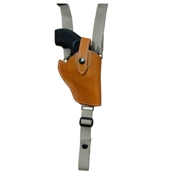 Saddle Tan Leather Vertical Shoulder Holster for Revolvers – Webbing Harness