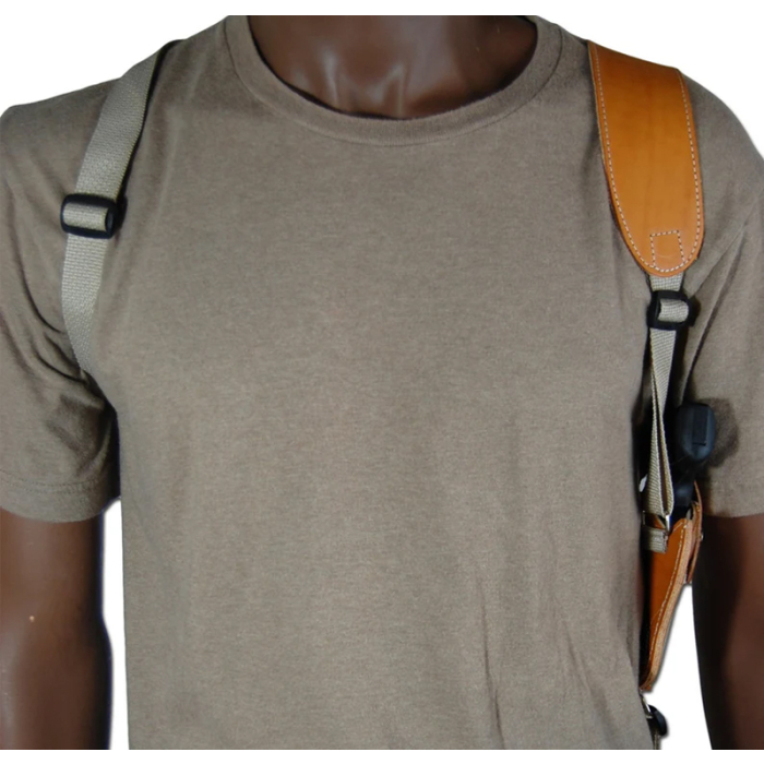 Saddle Tan Leather Vertical Shoulder Holster for Revolvers – Webbing Harness