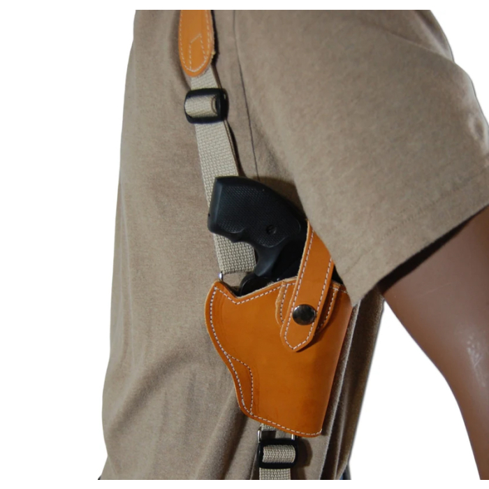 Saddle Tan Leather Vertical Shoulder Holster for Revolvers – Webbing Harness
