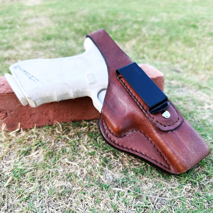 Brown IWB Leather Holster – Steel Belt Clip, Reinforced Thumb Break