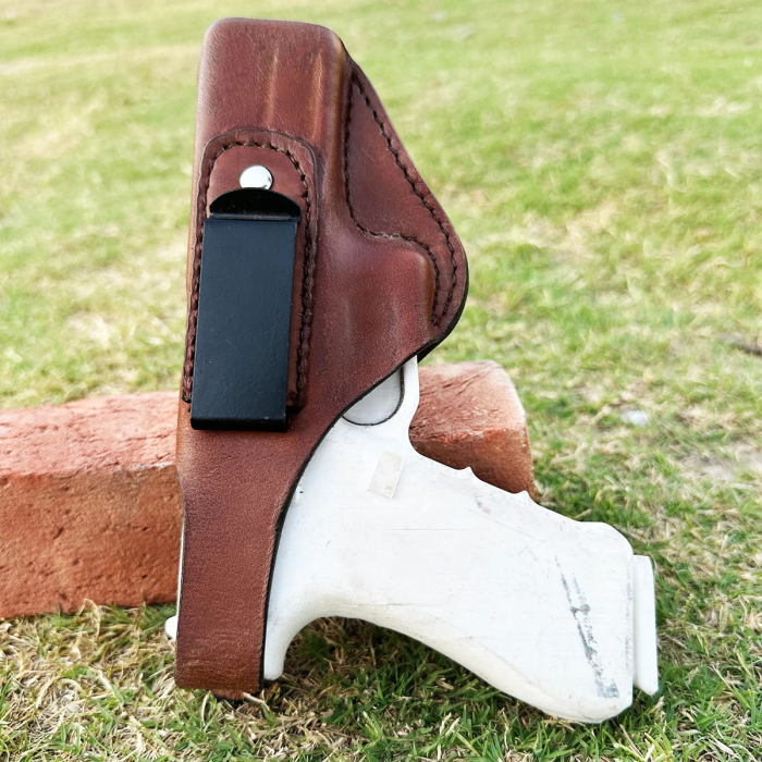 Brown IWB Leather Holster – Steel Belt Clip, Reinforced Thumb Break
