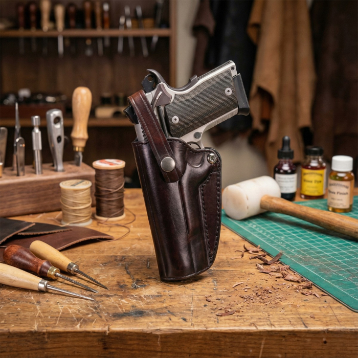 Open-Top Leather Belt Holster with Retention Strap