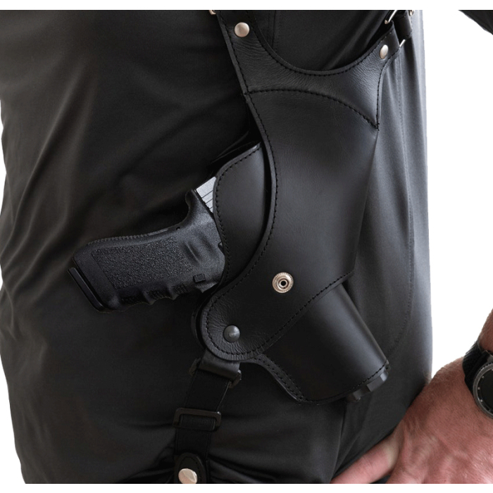 Black Leather Vertical Shoulder Holster – Double Mag Pouch