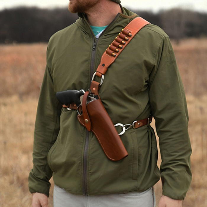 Brown Leather Cross-Chest Bandolier Holster for Revolvers with Ammo Loops