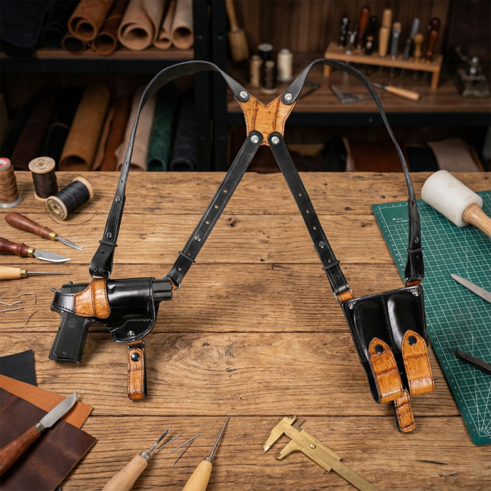 Black Leather Shoulder Holster with Magazine Pouch