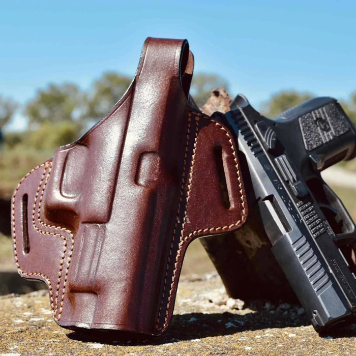 Handcrafted OWB Leather Gun Holster - Custom Molded Full-Grain Leather Holster for Perfect Fit and Security with Reinforced Steel Thumb Break