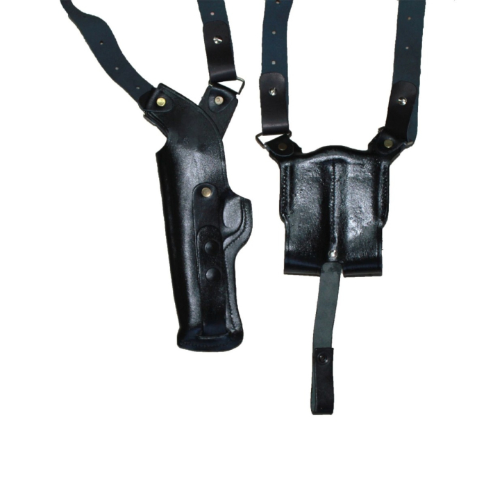 Black Real Leather Vertical Shoulder Holster with Double Magazine Pouch