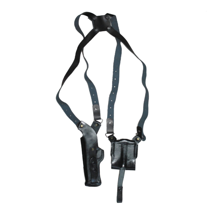 Black Real Leather Vertical Shoulder Holster with Double Magazine Pouch