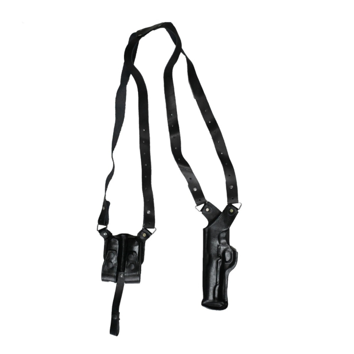 Black Real Leather Vertical Shoulder Holster with Double Magazine Pouch