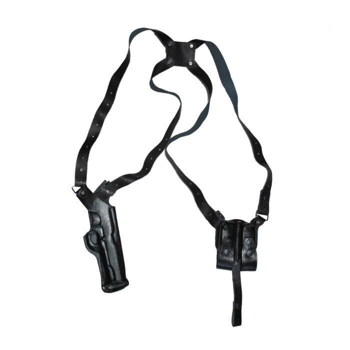 Black Real Leather Vertical Shoulder Holster with Double Magazine Pouch