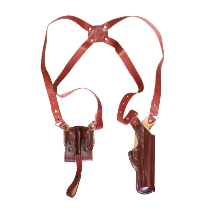 Brown Real Leather Vertical Shoulder Holster with Double Magazine Pouch