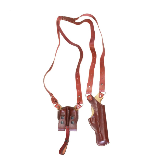 Brown Real Leather Vertical Shoulder Holster with Double Magazine Pouch