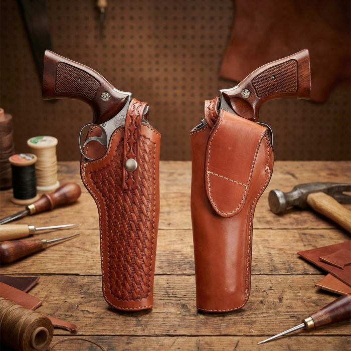 Brown Revolver Leather Holster with Retention Strap