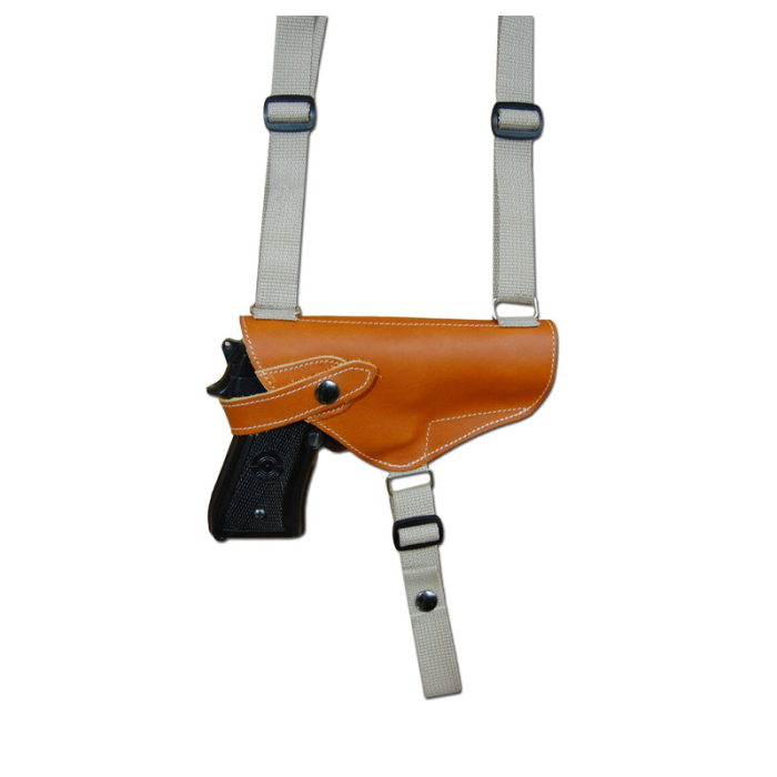 Handmade Tan Leather Vertical Shoulder Holster – Double Mag Pouch (Webbing Harness)
