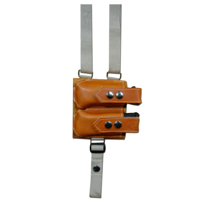 Handmade Tan Leather Vertical Shoulder Holster – Double Mag Pouch (Webbing Harness)