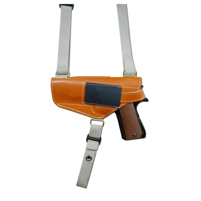 Handmade Tan Leather Vertical Shoulder Holster – Double Mag Pouch (Webbing Harness)