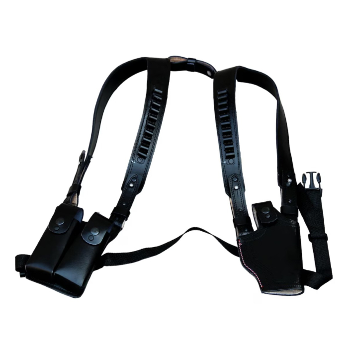 Black Leather Vertical Shoulder Holster With Mag Pouches