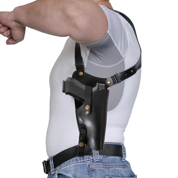 Black Vertical Shoulder Leather Holster – Retention Strap